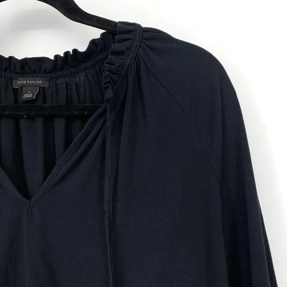 Ann Taylor 3/4 Sleeve Ruffle Tie Neck Blouse Womens Size Small Black
